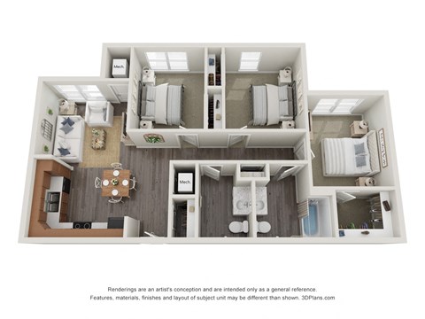 Floor plan for 3 beds, 1.5 baths, 1091 sqft
